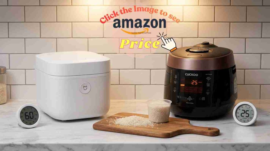 Side-by-side comparison of Xiaomi and Cuckoo rice cookers on kitchen counter with cooking time indicators