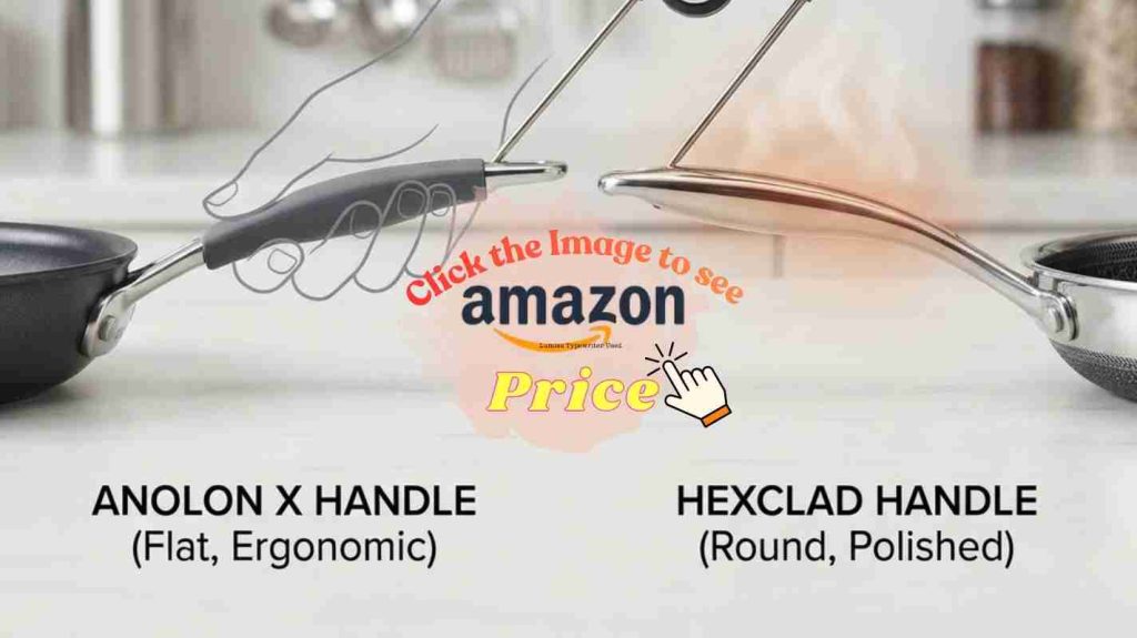 Side-by-side pan handles on counter, Anolon X flat thumb-rest grip versus rounded polished HexClad handle.