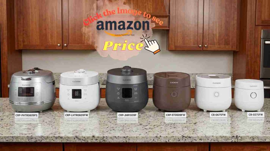 Six Cuckoo rice cooker models lined up on kitchen counter for family reunion comparison