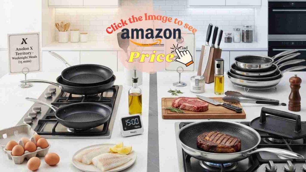 Split kitchen counter: Anolon X with eggs and fish for quick meals, HexClad with steak for serious searing.