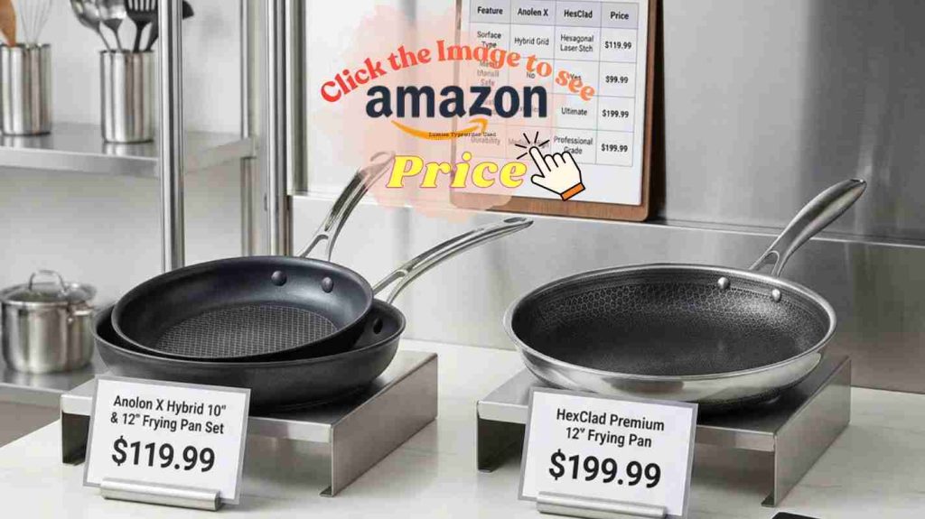 Store shelf display shows mid-priced Anolon X beside premium HexClad pan with clearly higher cookware price.