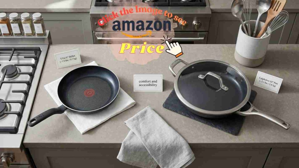 T-Fal and Calphalon cookware on a countertop, comparing lightweight comfort with heavier premium feel.
