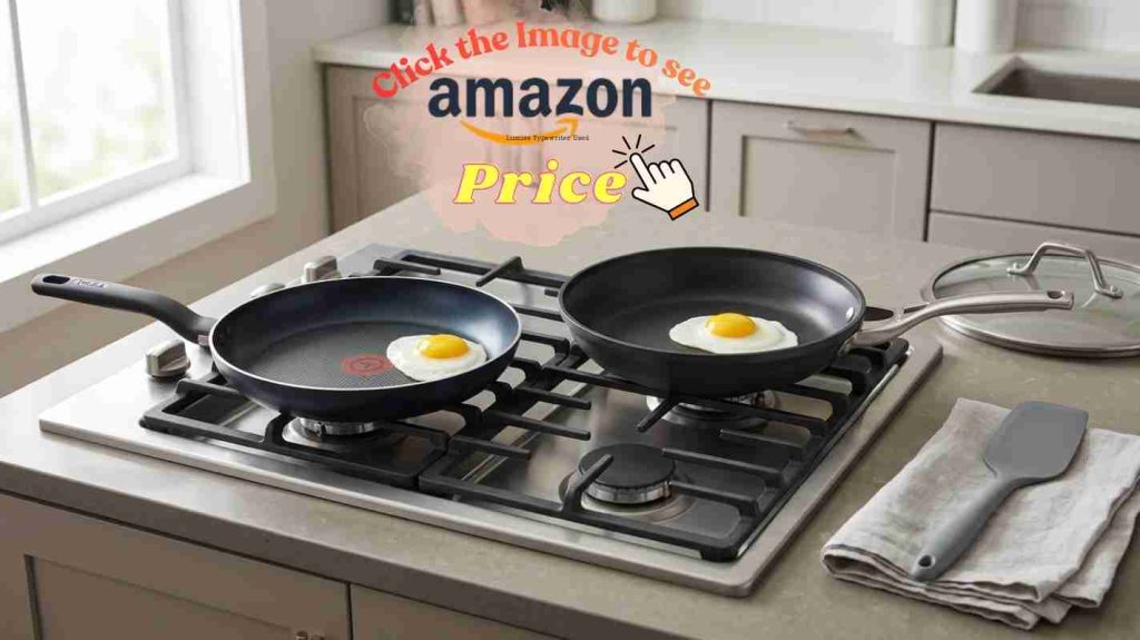 T-Fal and Calphalon pans show nonstick cookware durability test in a clean kitchen on stovetop use.