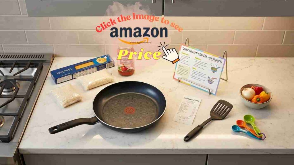 T-Fal frying pan beside Calphalon cookware in a modern kitchen, showing two cookware brands and styles