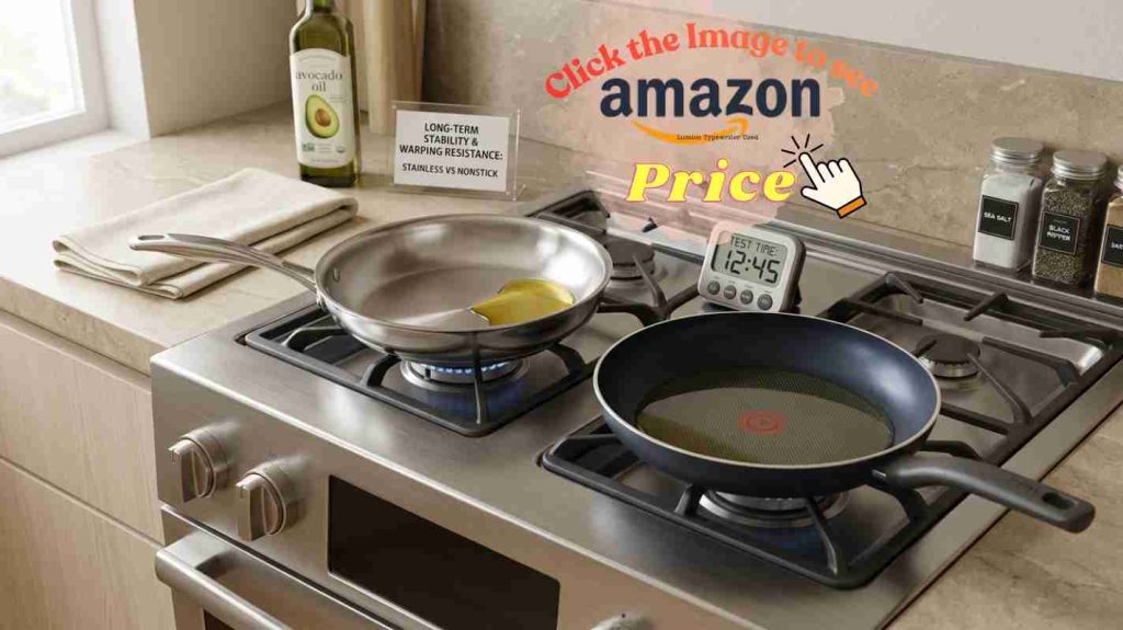 T-fal Initiatives pan top-down on stove with melting butter, illustrating day-one easy food release.