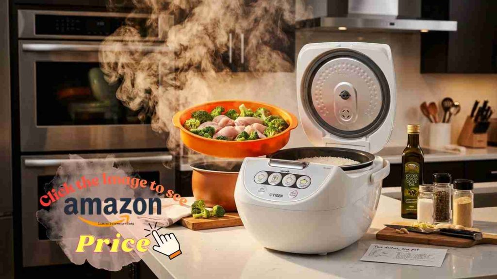 Tacook feature - Tiger's Tacook plate: synchronized cooking of chicken and vegetables above rice in same pot for two-in-one meals