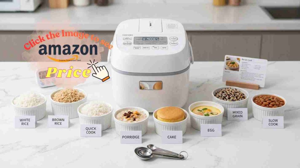 Toshiba Mini with eight cooking modes displayed through various prepared dishes