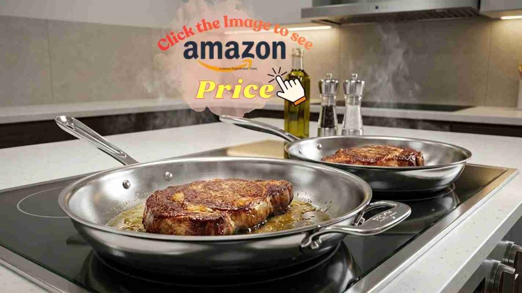 Tramontina Tri-Ply Clad and All-Clad D3 pans side by side in a cookware browning comparison