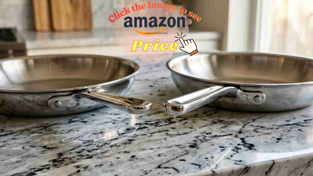 Tramontina and All-Clad pans show handle design differences on a clean countertop in bright lights