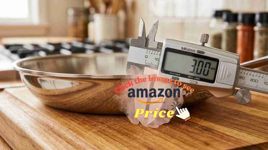 All-Clad D5 frypan showing smooth, even heat and 5-layer stainless construction on a sleek cooktop