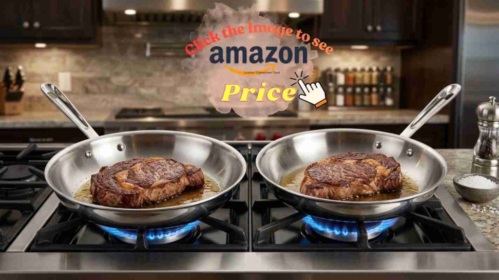 Tramontina and All-Clad stainless steel skillets in a bright kitchen, shown for cookware comparison