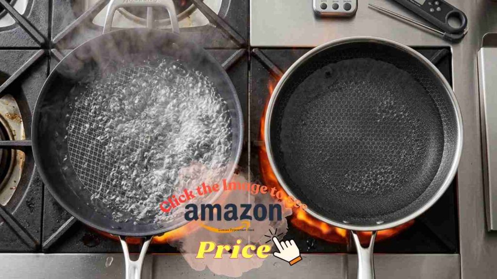 Twin pans over blue flames, Anolon X water at rolling boil while HexClad heats slower for strong heat retention.