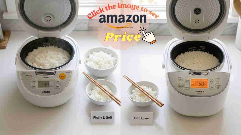 White rice performance - White rice performance: Tiger's fluffy 44-min rice vs Toshiba's slightly drier 50-min result with texture comparison