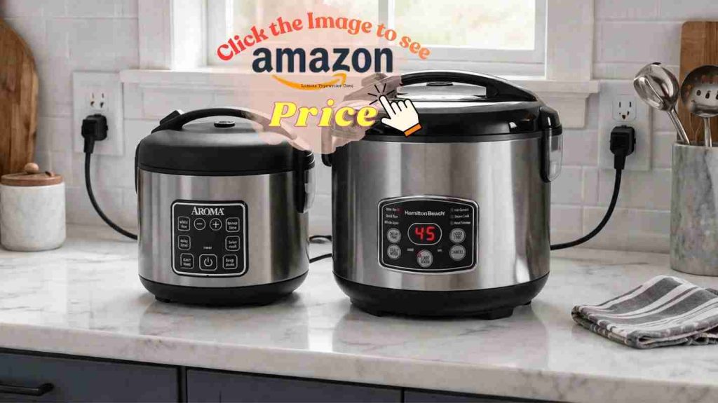 Aroma and Hamilton Beach rice cookers on a counter