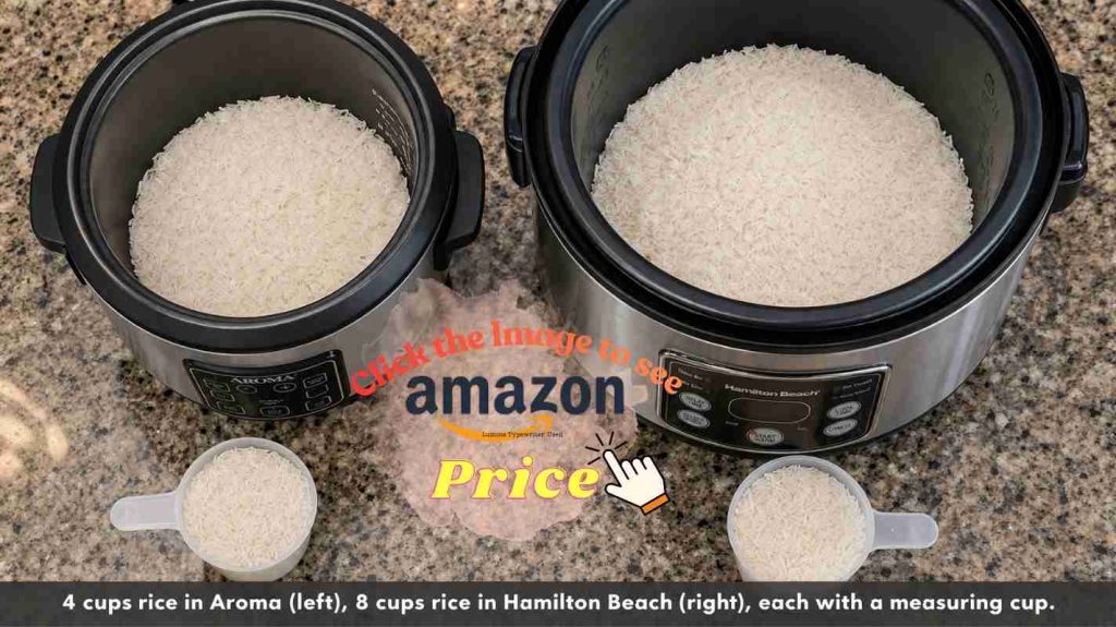 Aroma and Hamilton Beach rice cookers with rice in