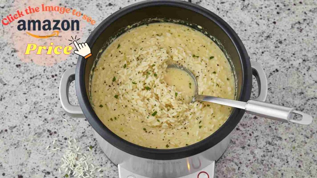 Breville rice cooker ready with risotto for story.