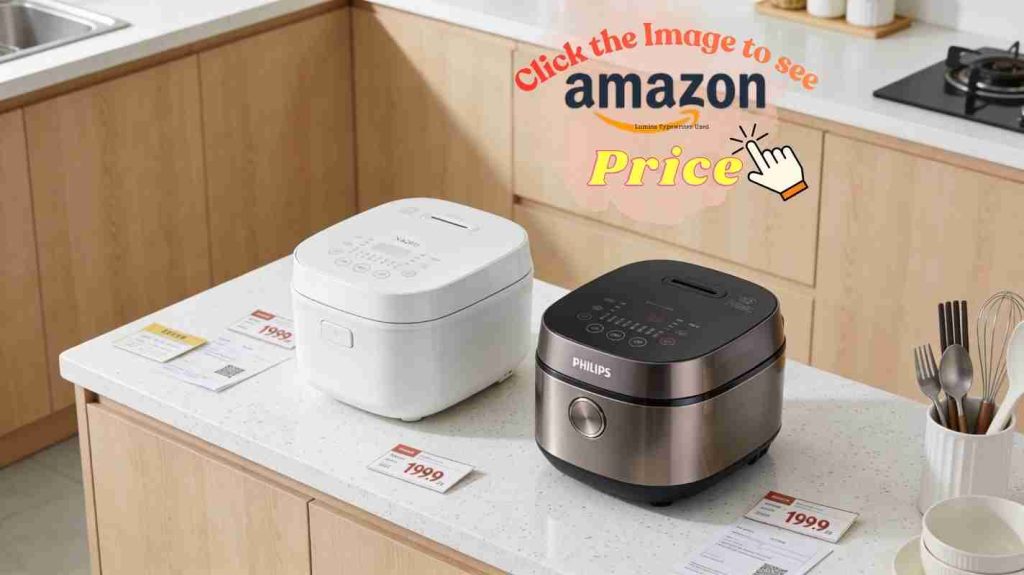 Cosori vs Zojirushi cookers on tidy counter, screens showing modes in bright modern kitchen with clean white surfaces.