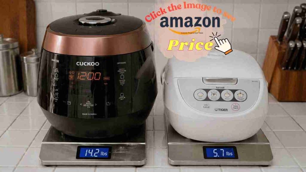 Cuckoo 14.2 lbs vs Tiger 5.7 lbs on kitchen scale