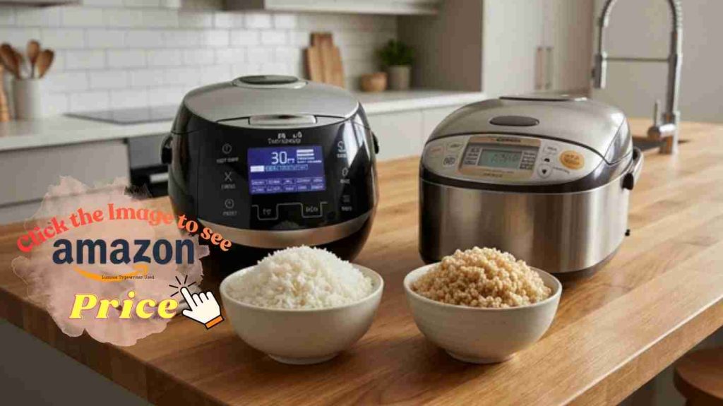 Fluffy rice in the bowls near cookers show texture