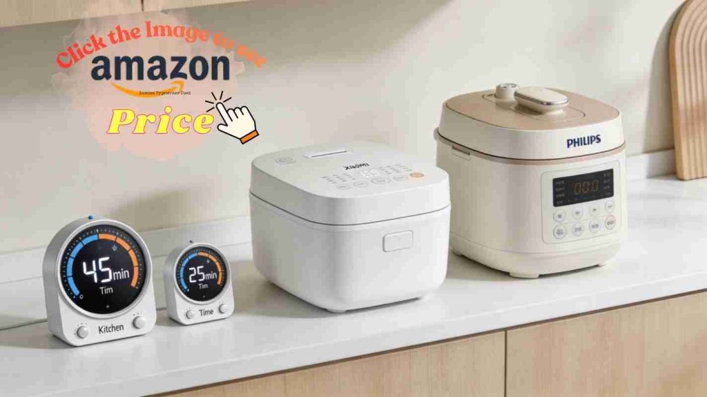 Perspective: Xiaomi vs Philips rice cooker near digital clock and timer icons, stressing cook time and busy weeknight speed.