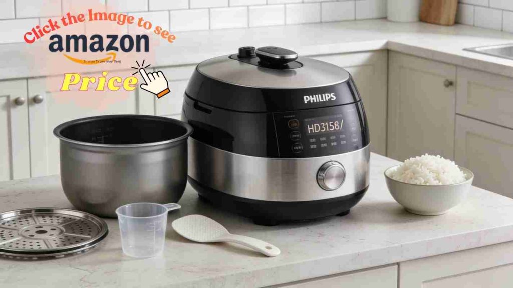 Philips HD3138 rice cooker with inner pot and soft white rice, highlighting 3D heating texture edge