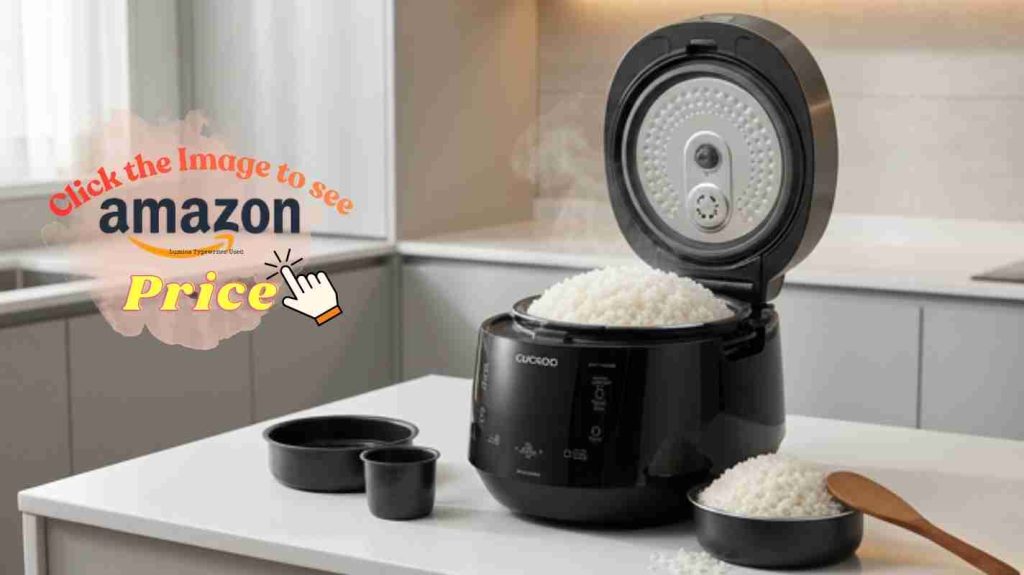 Plump glossy white rice by the Cuckoo cooker pans.