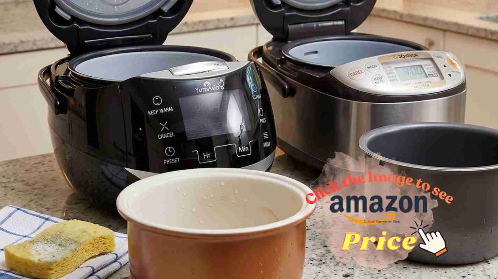 Pots and sponges by the rice cookers show cleaning