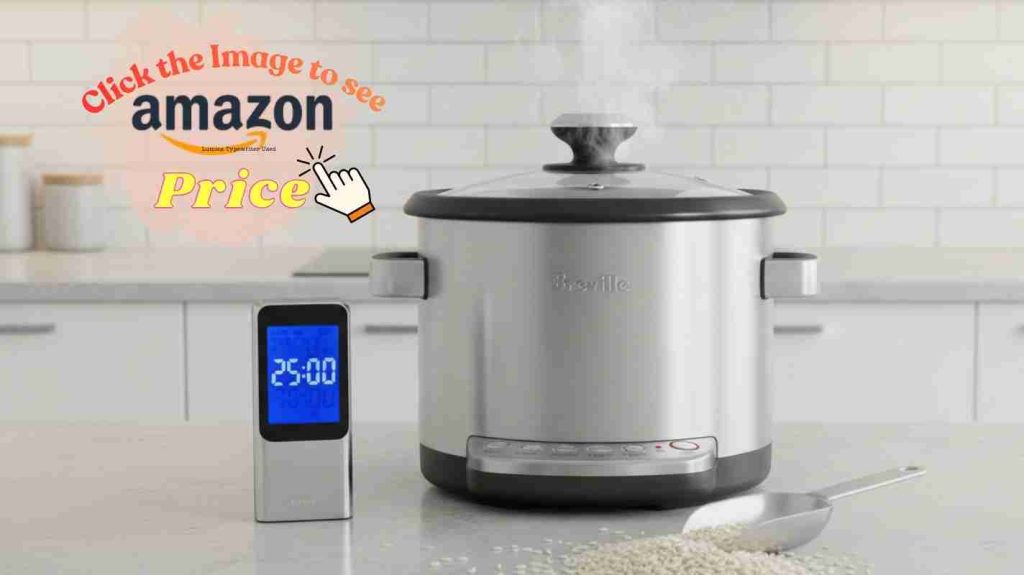 Rice cooker and clock showing speed on countertop.