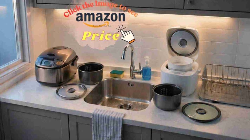 Rice cooker cleaning scene at sink with inner lids