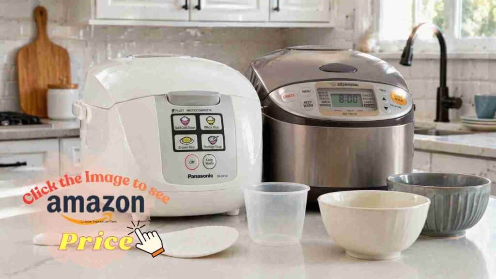 Rice cooker simple buttons in bright home kitchen.