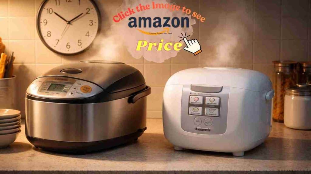 Rice cooker slow cycle scene with clock and steam.