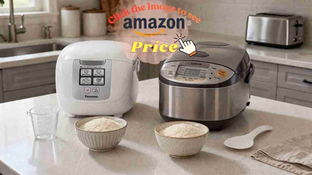 Rice cooker white rice test on neat counter setup