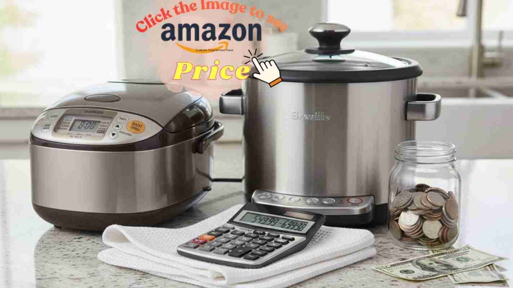 Rice cookers with calculator and money showing value math.
