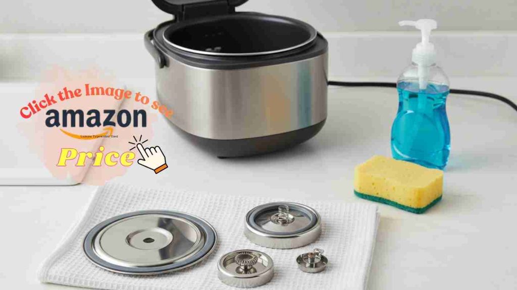 Shiny rice cooker and a sponge to detail cleaning.
