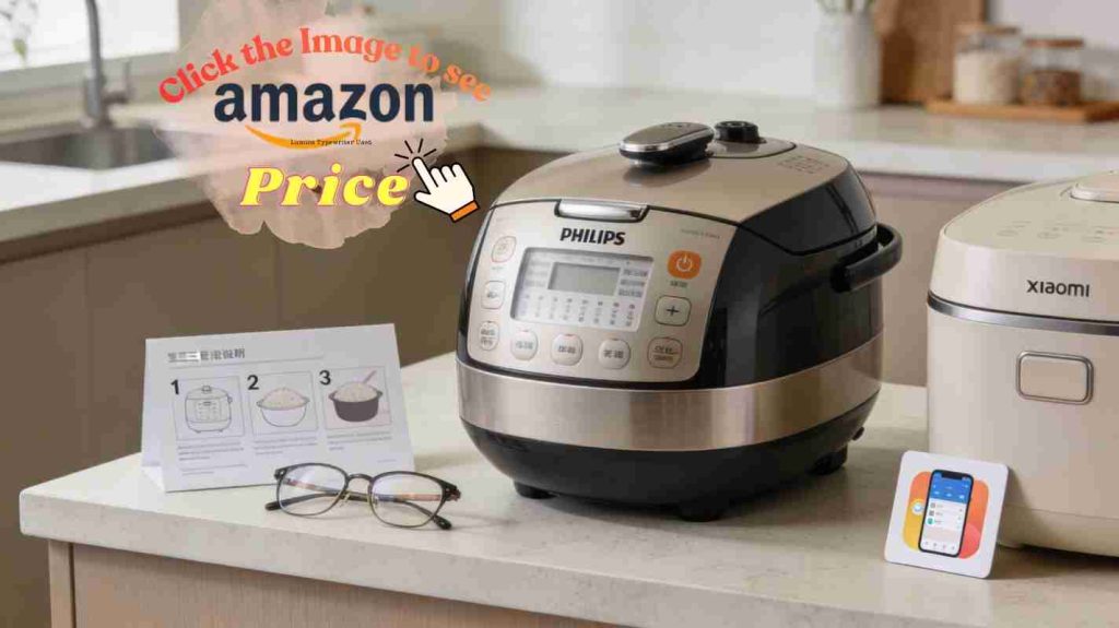 Side view: Xiaomi vs Philips rice cooker with printed three-step card, big icons on Philips stress easy use for anyone.