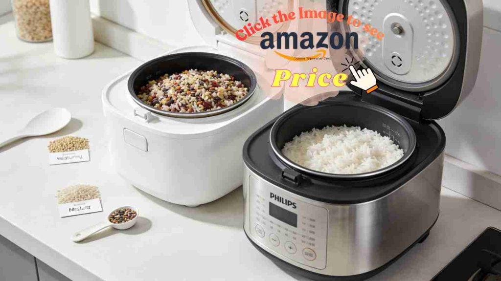 Side view: two rice cookers, one labeled IH Xiaomi vs Philips rice cooker, pots reveal contrast in fluffy cooked grains.