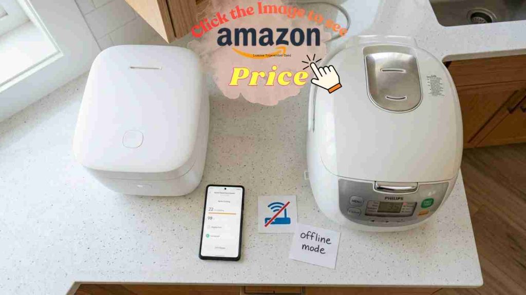 Top view: Xiaomi vs Philips rice cooker beside smartphone with Mi Home app, Philips unit shows clear simple labeled keys