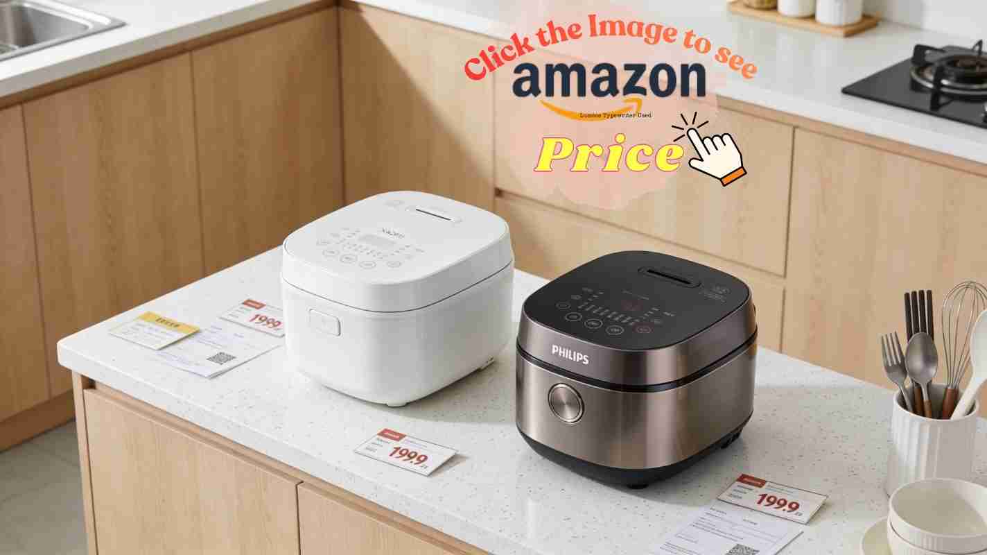 Top view Xiaomi vs Philips rice cooker on clean counter, price tags and utensils show value focus in bright home room!!