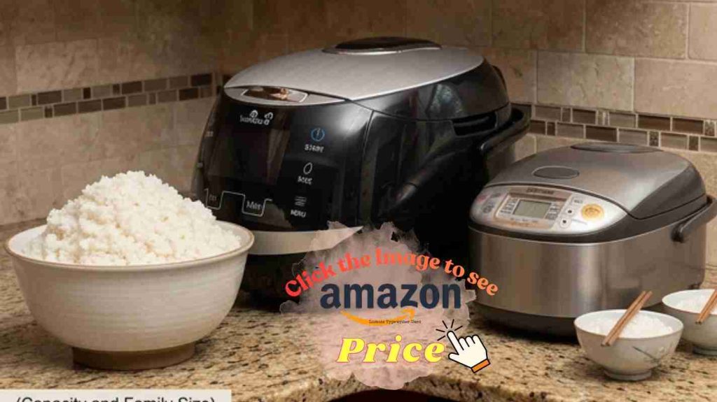 Two rice cookers with big meals show the capacity.