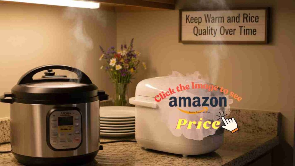 Warm steam above rice cookers shows the keep warm.