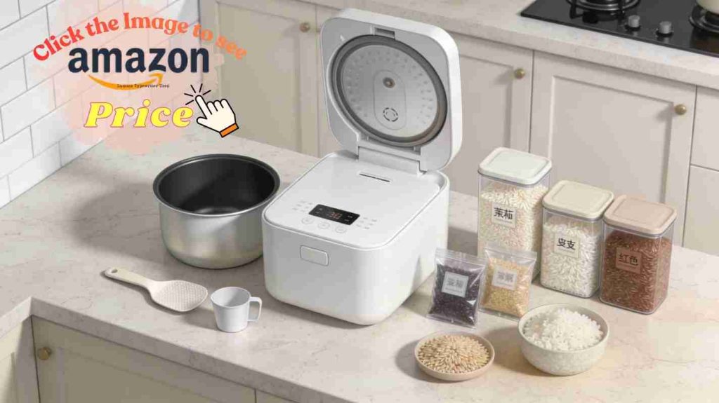 Xiaomi Smart 3L cooker with grain jars and inner pot, showing cooking performance and texture focus.