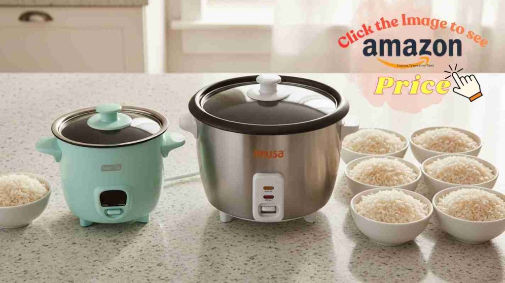 Dash Mini and Imusa cookers with rice bowls nearby