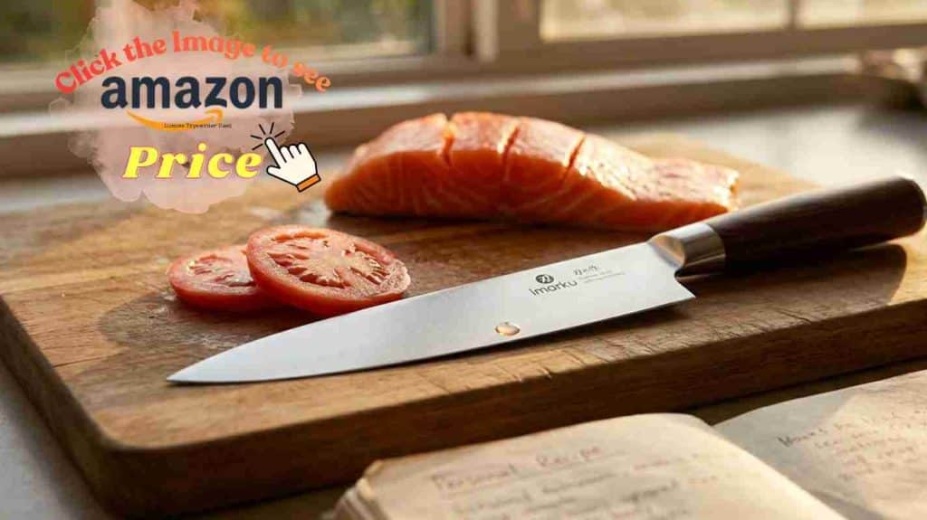 imarku single-bevel knife with tomato & salmon cuts