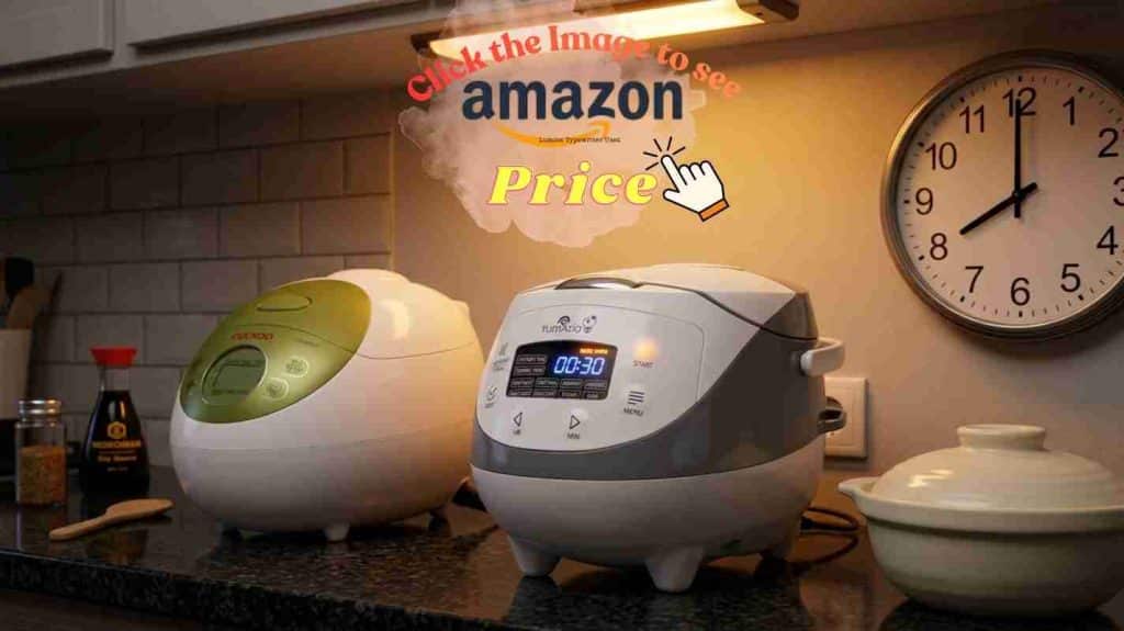 Yum Asia cooker glowing warm next to wall clock