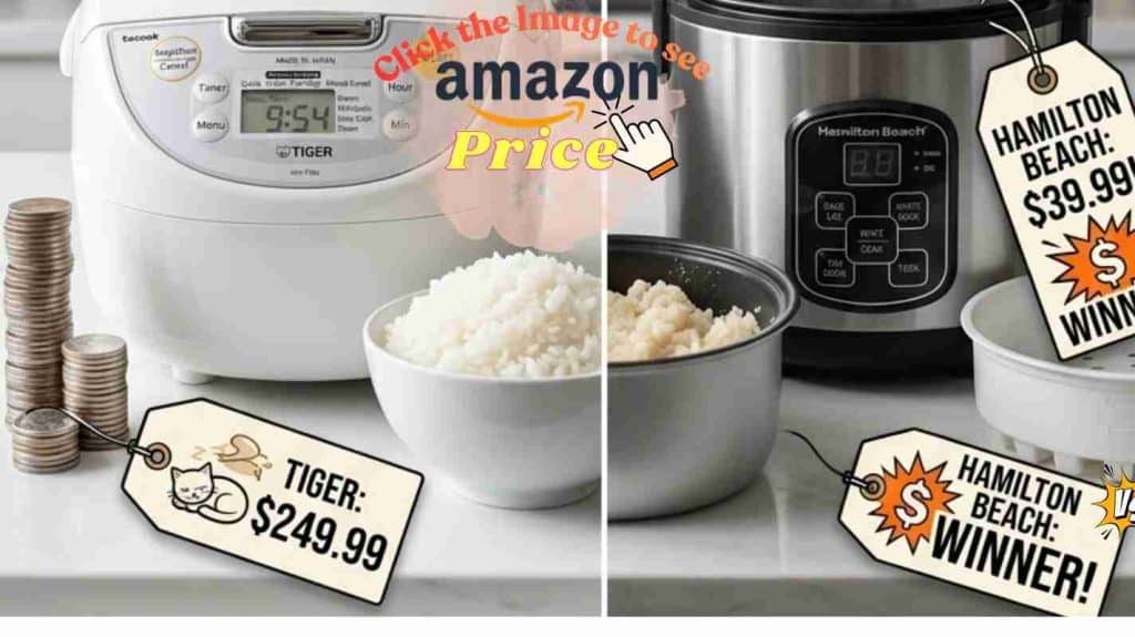 Tiger’s high-cost rice cooker vs. cheap Hamilton Beach.