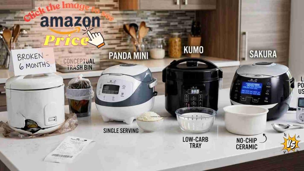 Broken cheap pot vs durable investments: Panda Mini, Kumo, and Sakura cookers on a counter.