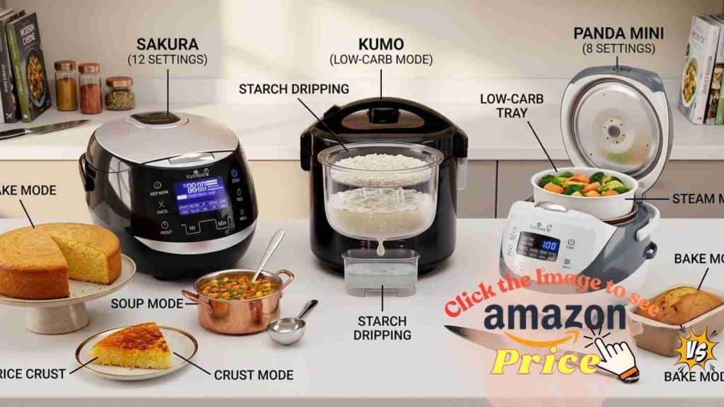 Multi-use pots: Sakura bakes cake/soup; Panda Mini steams/bakes; Kumo has low-carb starch tray.