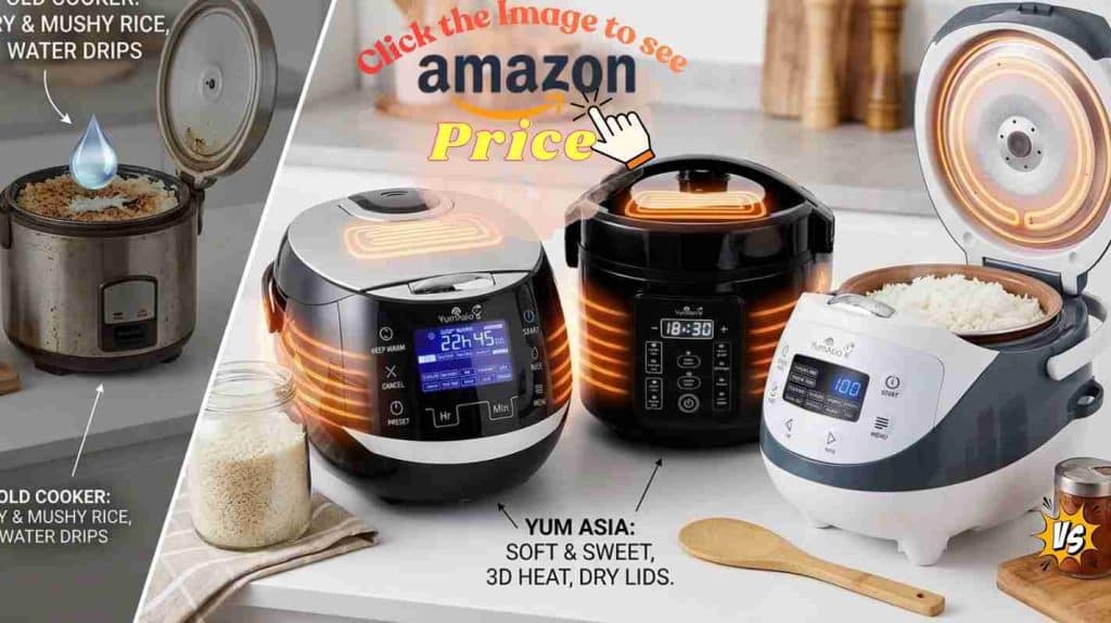 Old, dry cooker vs. modern Yum Asia Kumo, Sakura, and Advanced pots that keep rice fresh with 3D heat.