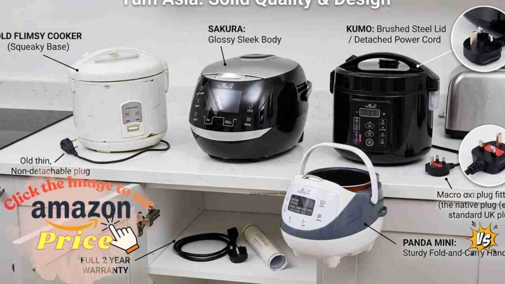 Old flimsy cooker compared to Yum Asia's Sakura, Panda Mini, and Kumo showing solid design.