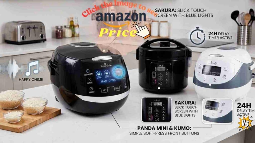 Sakura's slick touch screen; Panda Mini & Kumo's simple front buttons. Shows 24h timer & chime.
